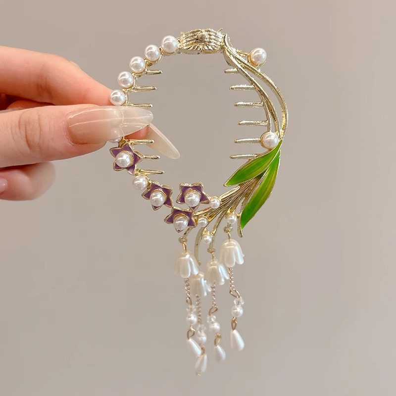 Nuevo estilo chino mariposa botón de cabello para mujeres de alta calidad flores de perla clips de cola de caballo lujoso clips de agarre de cabeza posterior falda de caballo adornamiento para el cabello