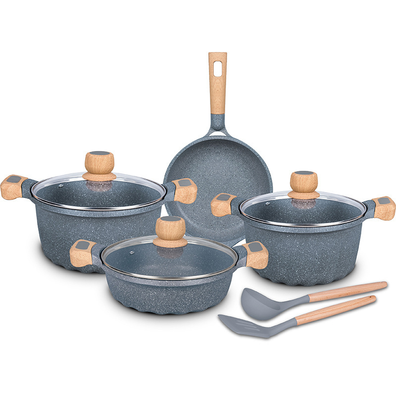 MGC Francia 9 piezas cocina casera antiadherente fondo plano destilado de aluminio horno electromagnético de fuego abierto olla de arena general