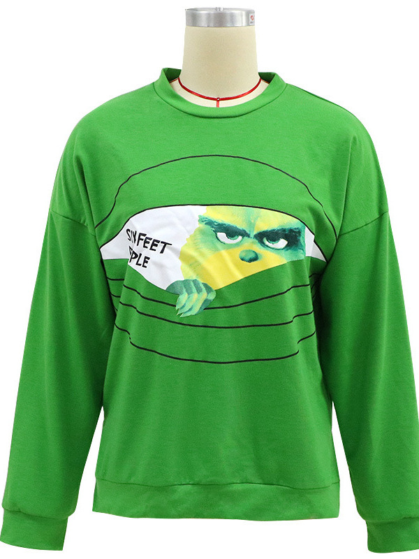 Comercio exterior de otoño y invierno de cuello redondo impresión de manga larga extraña camiseta de pelo verde chaqueta casual ropa de Navidad