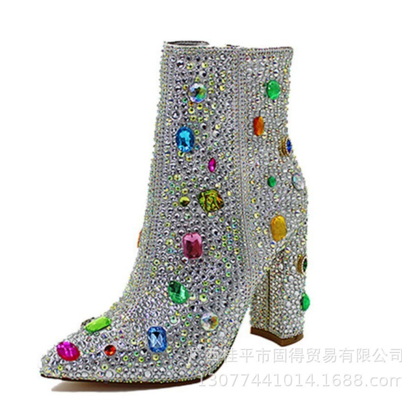 Трансграничная независимая станция ins модный Подиум сценические ботильоны на массивном каблуке со стразами, женская обувь, ботильоны