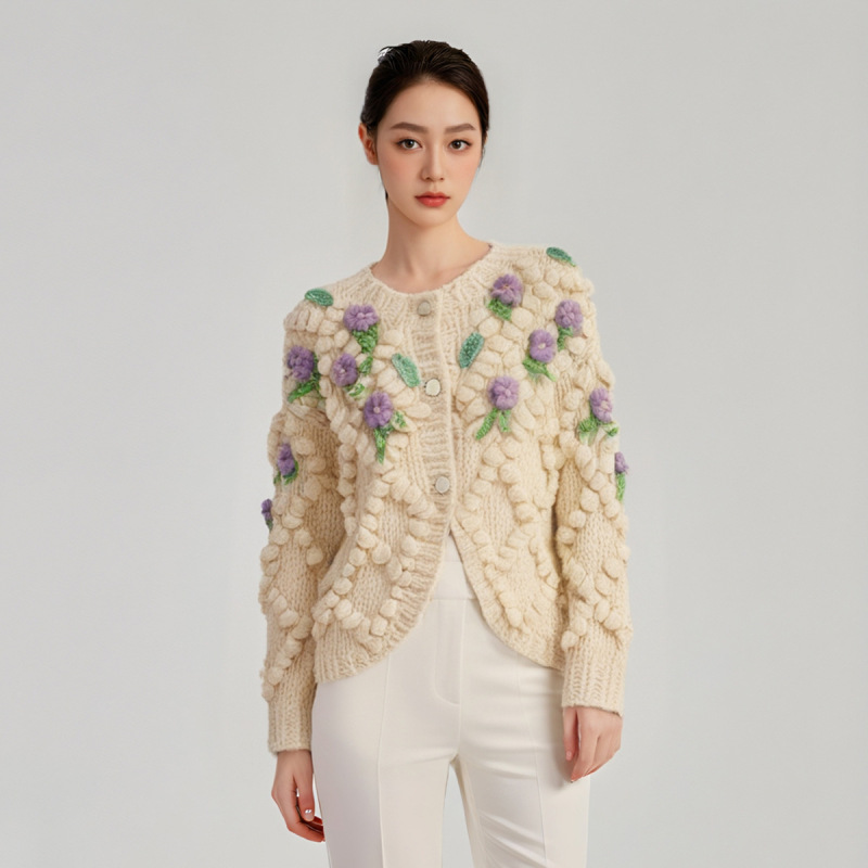 2025 Cross-Border Straight-Cut Round-Neck Women's Knitted Cardigan with Handmade Crochet Flowers, Versatile Sweater Short Coat with Hand-Crocheted Craftsmanship