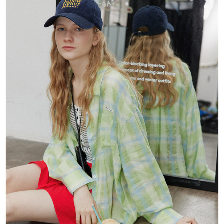 【Cloud Lemon Wild】Japanese-Style Academy Green Plaid Shirt for Women, Loose Fit, Slimming, Casual, Versatile Sun Protection Shirt
