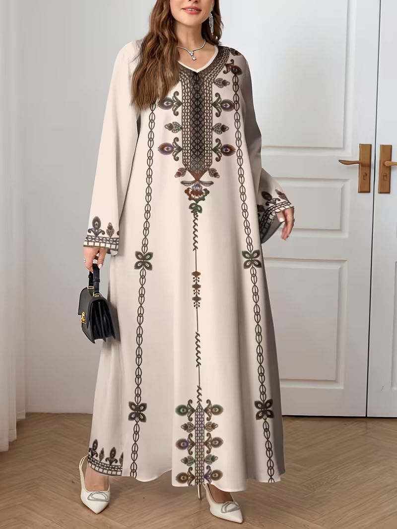 Middle Eastern Cross-border Muslim Women's V-neck Printed Loose Elegant Robe Ethnic Style Long-sleeved Dress Custom-made_ecoleips.com