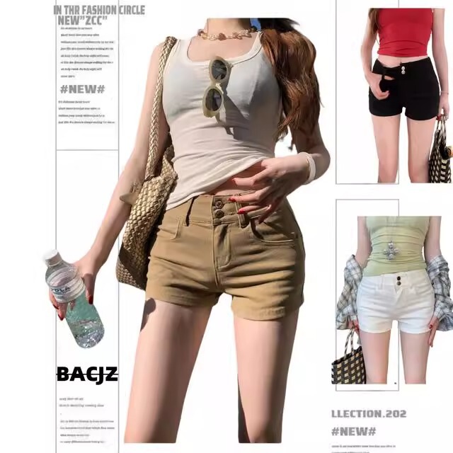 2025 Summer New Double Buckle Denim Shorts Women's plus size High Waist Slim-Fit Slimming Hot Pants for Hot Denim Hip