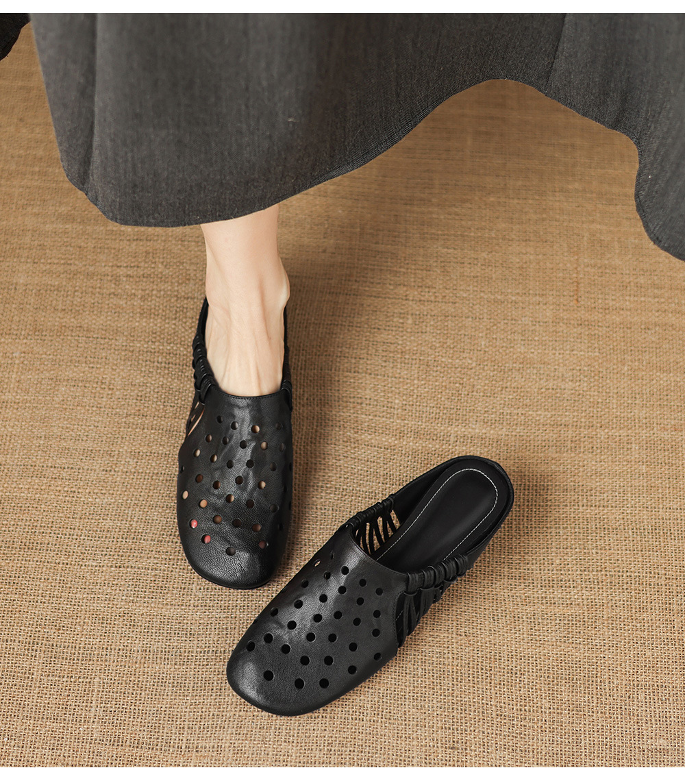 Dép sandal nữ quai chữ V đế xuồng cao gót, phong cách dệt da lộn — đen chi tiết 11