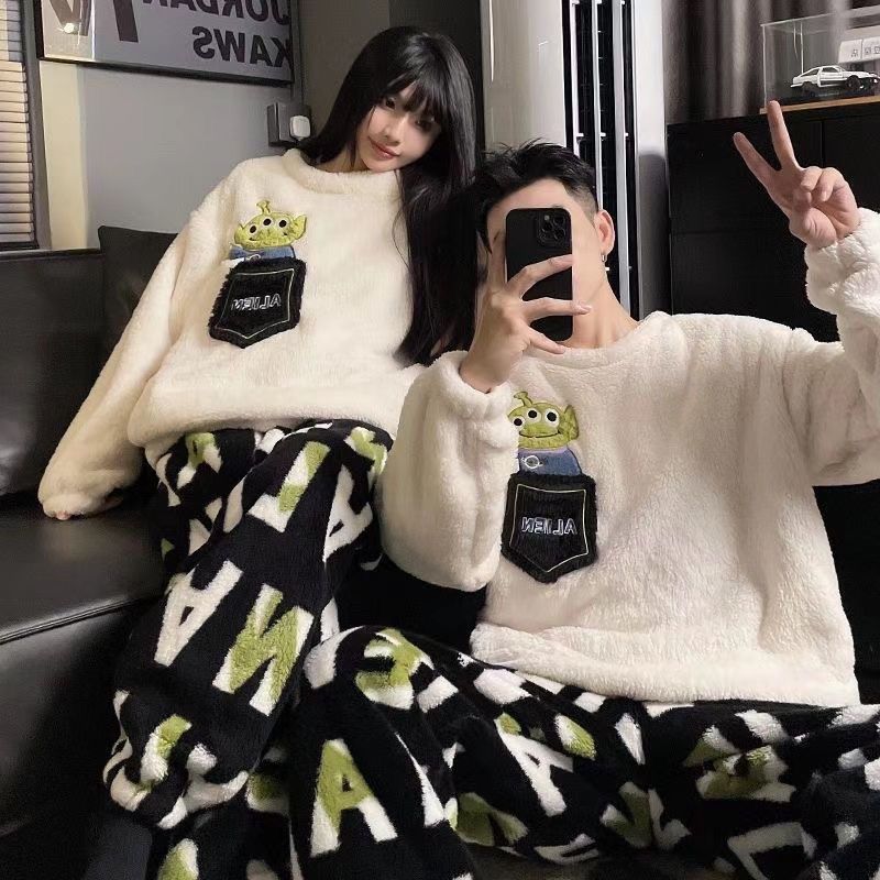 커플의 가을과 겨울 산호 양털 파자마 여성의 겨울 두꺼운 기모 플란넬 2024 새로운 남자 홈 옷