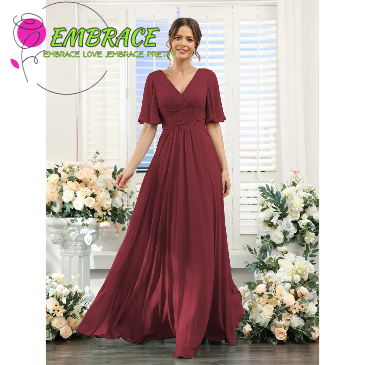 Verano nuevo vestido de noche de chiffon europeo y americano V-collar mangas mariposa novia vestido de damas de honor anfitriona de la fiesta vestido largo