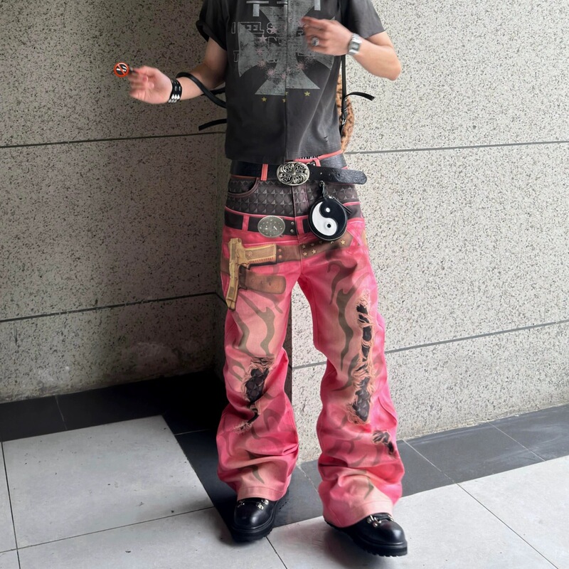 American retro 3D printed double-waist jeans, unisex, cleanfit street style, distressed, casual, wide-leg pants, trendy