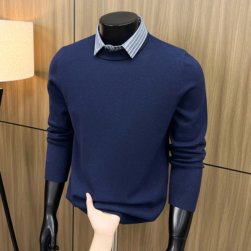 Men's Faux Two-Piece Wool Sweater, Autumn/Winter 2026 New Style, Shirt Collar, Thick Knit Cashmere Base Shirt for Men