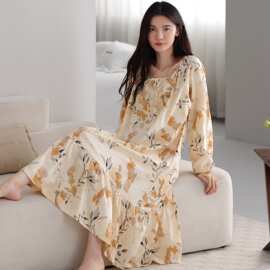 春秋新款纯棉拉架女士长袖套头睡裙睡衣时尚休闲女家居服图片色