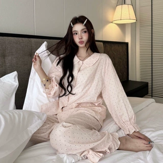 粉色睡衣女秋冬100%纯棉双层纱布荷叶袖波点家居服套装韩系可外穿