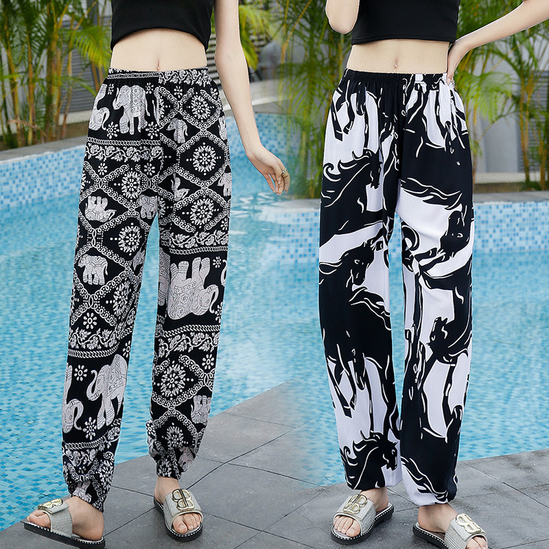 女士防蚊裤棉绸睡裤大人夏季薄款灯笼裤成人休闲泰国民族风沙滩裤
