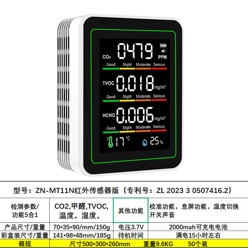国境を越えたWiFi赤外線5in1空気検知器、30時間以上のバッテリー持続時間、ホルムアルデヒド検知、二酸化炭素、TVOC、温度、湿度|undefined