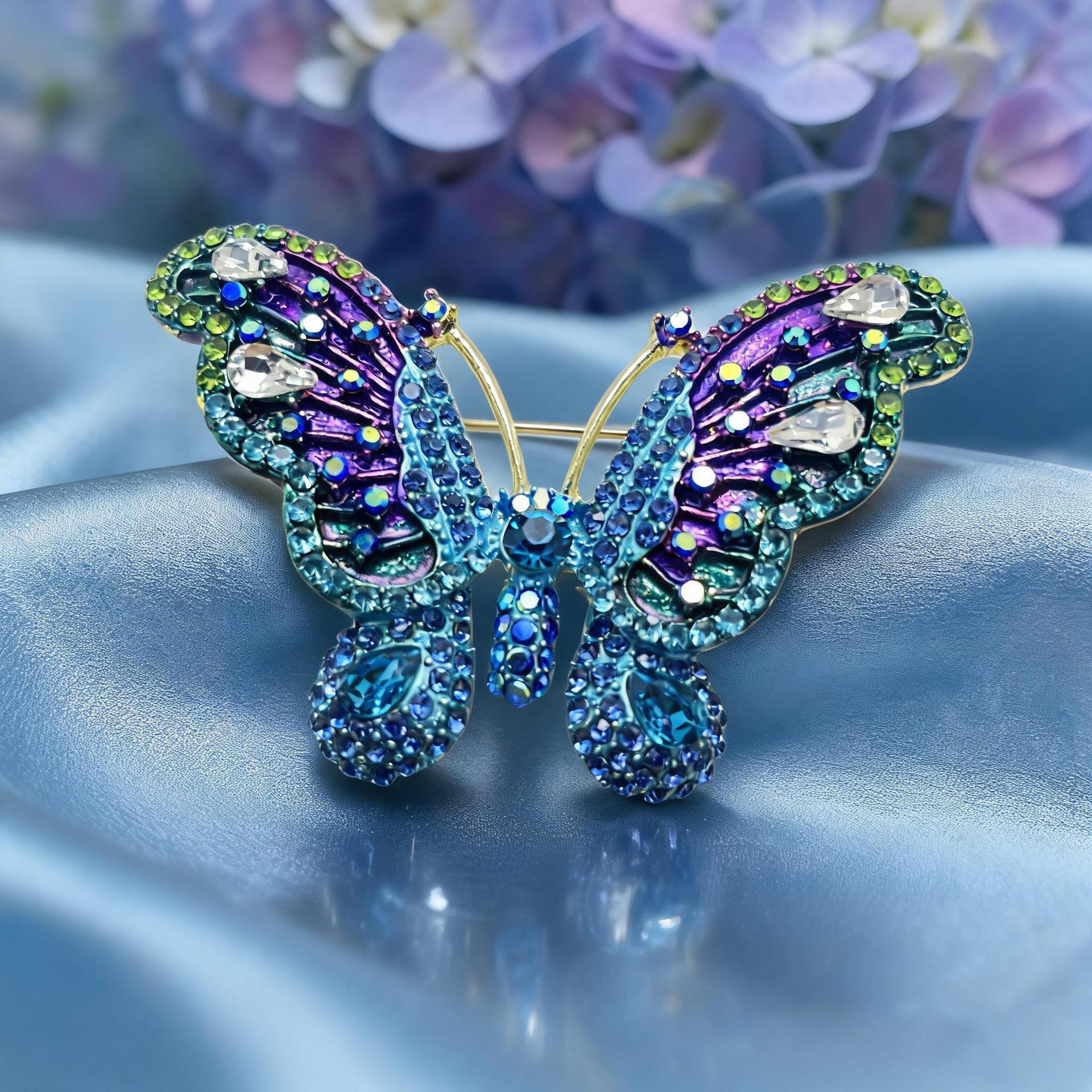European and American high-end enamel-painted butterfly brooch for women, fashionable oil-drip inlaid with diamonds, high-end niche brooch wholesale