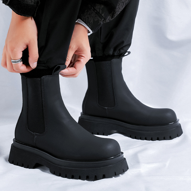 马丁靴男春秋2024新款百搭小个子厚底烟筒靴切尔西靴子9885-Y