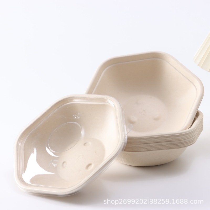 使い捨てサトウキビ包装箱サラダパスタ六角形蓋付き弁当箱分解可能洋食軽食スープボウル|undefined