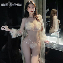 曼烟情趣内衣性感蕾丝透视绑带毛绒三点浴袍制服套装一件代发9953