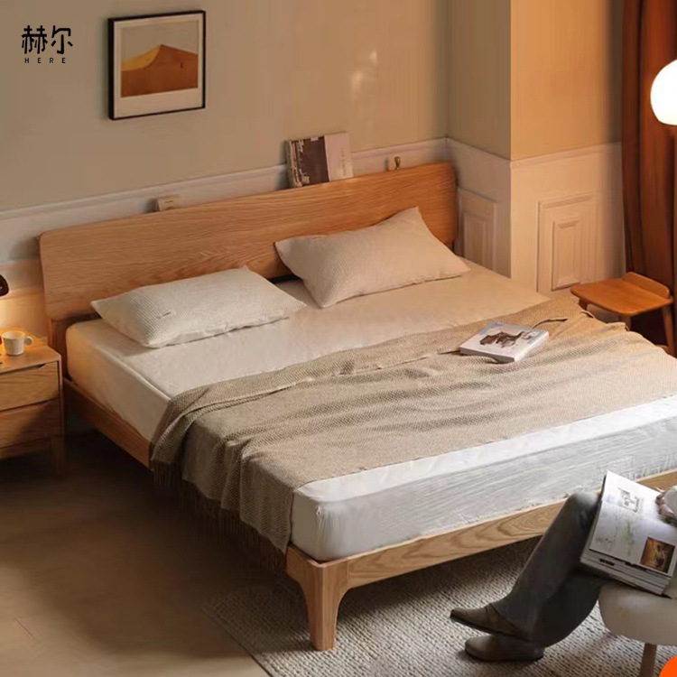 Original wood style Japanese pure solid wood bed, modern minimalist 1.5/1.8-meter oak double bed, Nordic eco-friendly bedroom home