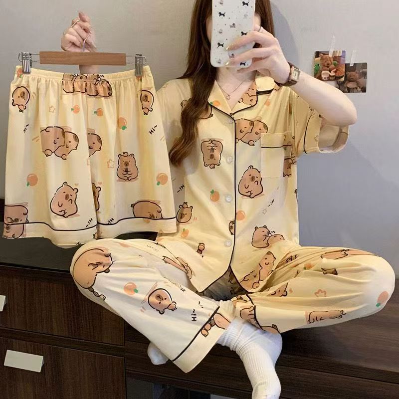 Pijamas de verano de las mujeres delgados pantalones de manga corta cardigan conjunto de tres piezas popular en línea nuevo traje de desgaste de casa de verano image 45