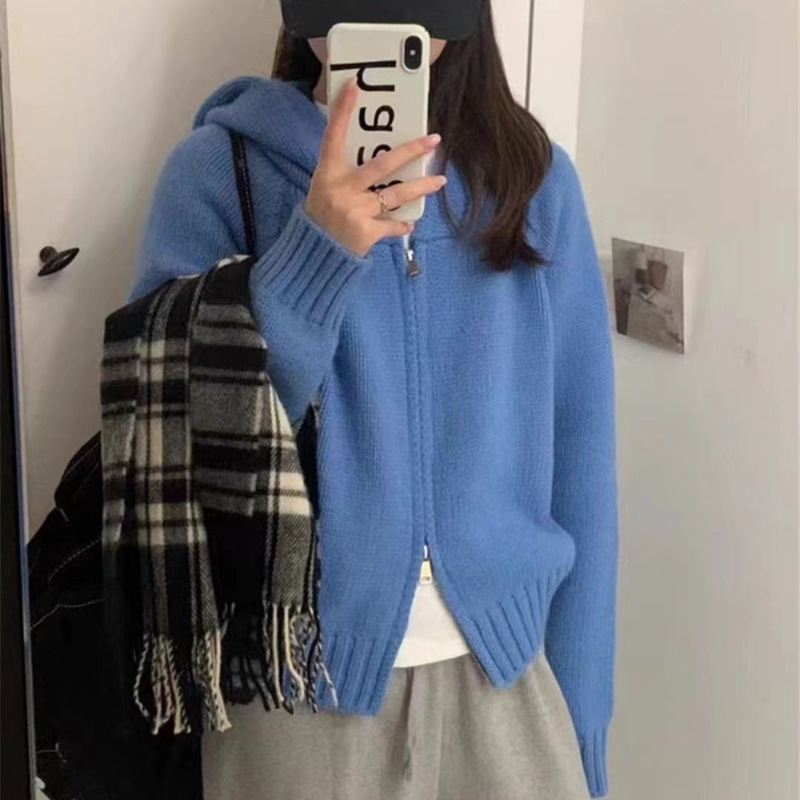 双拉链连帽针织开衫女秋季韩系慵懒风小众设计感叠穿短款别致外套|undefined