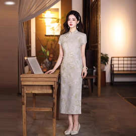 2026夏季新款仿麻单层中长款旗袍连衣裙复古改良老上海旗袍年轻女