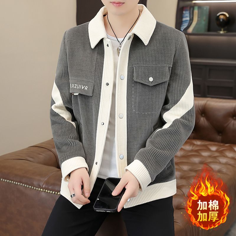 2025新款加棉加厚男士外套潮流翻领休闲夹克秋冬季男装百搭上衣