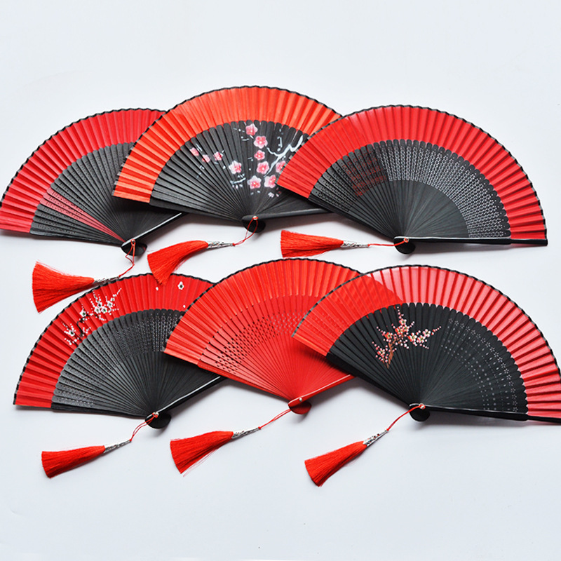 Chinese style classical Ladies Take it with you Folding fan Disco dancing bar dance Fan Hanfu Japanese Opening and closing Smooth tassels