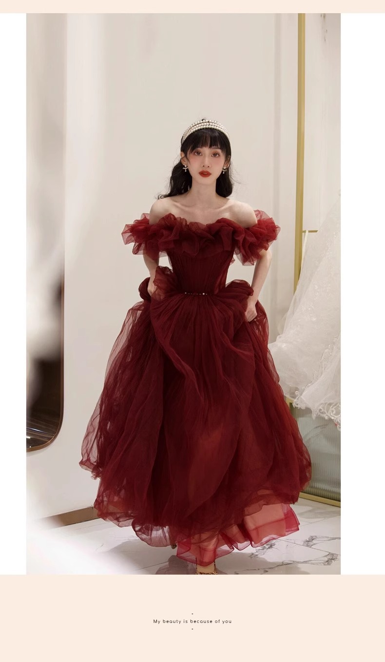 2026 New Style Off-Shoulder Elegant Red Wedding Dress, High-Quality Evening Gown Women For Annual Party, Autumn/Winter_ecoleips.com