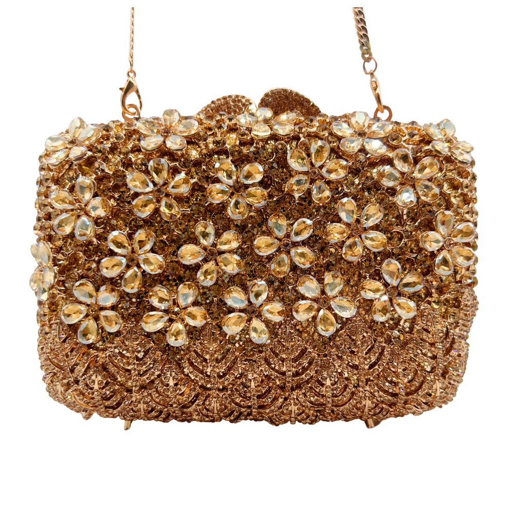 Túi clutch nữ đính kim cương nhân tạo họa tiết hoa tử đinh hương, cầm tay dự tiệc — Màu hồng, Hoa violet, Đế vàng kim cương, Màu bạc