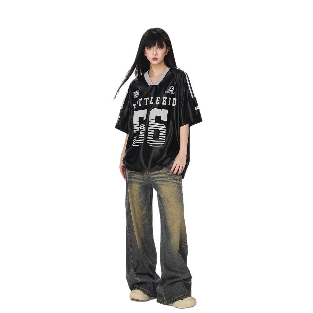 American-style hiphop contrast V-shaped female print collar short sleeve T-shirt men's and women's loose all-match sports style jersey half sleeve trendy