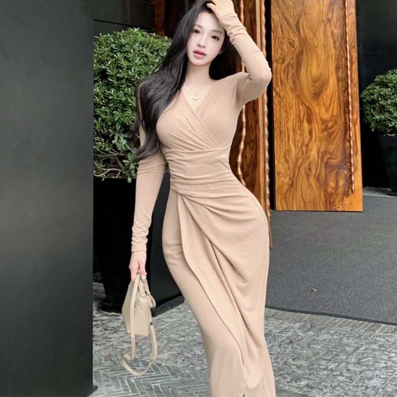 Elegant Sister Style Cross V-Neck Long Sleeve Dress for Women, Autumn Ruched Slim Fit Mid-Length Waist-Cinching Bodycon Dress