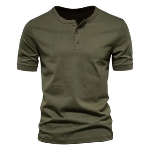 2023 Foreign Trade Cross-border Men's V-neck Short-sleeved T-shirt Men's Casual Slim-fit Sports Henry Shirt Solid Color T-shirt for Men