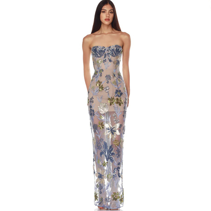 New Sexy Embroidered Sequin Flower Tube Top Dress European and American Style Classy Fishbone Party Dress Long Skirt