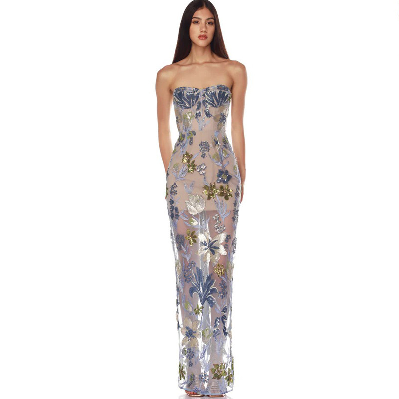 New Sexy Embroidered Sequin Flower Tube Top Dress European and American Style Classy Fishbone Party Dress Long Skirt