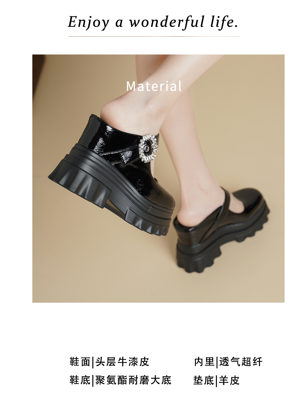 Dép sục Birken đế dày độn cao 12cm, bít mũi khóa đính kim cương, sandal đế xuồng đi hè — Màu đen chi tiết 2
