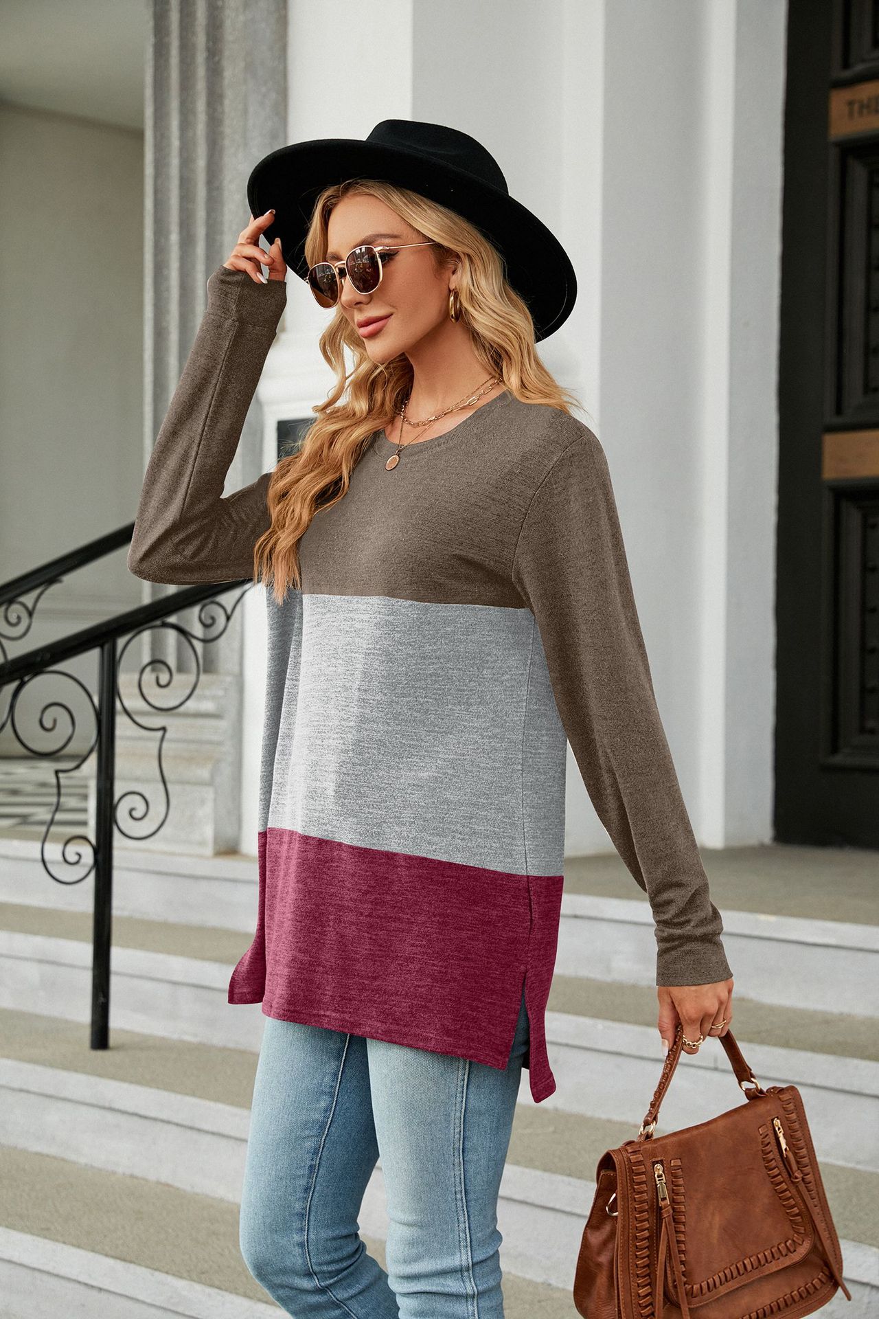 V-neck Long Sleeve Patchwork T-shirt Top - Image 4