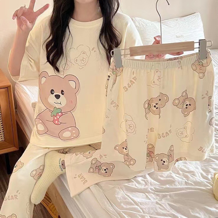 2025 nuevo pijama de mujer de verano delgado japonés pantalones de manga corta tres piezas set ropa de casa letras de verano
