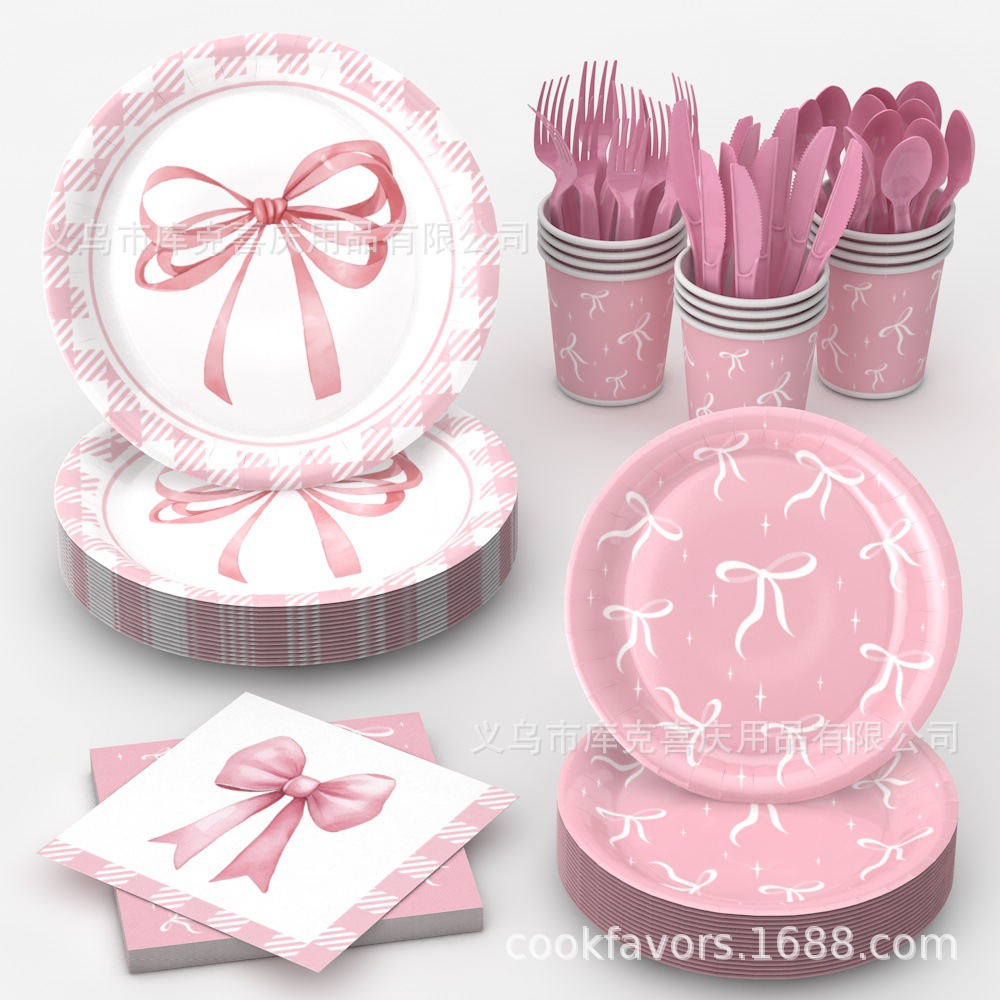 Amazon Pink Bowknot Party Decoración Niña Fiesta de cumpleaños Bandeja de papel desechable Taza de papel Bandeja de papel
