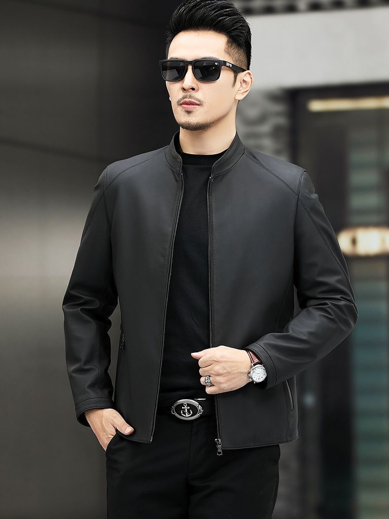 Haining Leather Jacket Spring and Autumn New Thin Genuine Leather Jacket for Middle-aged Men's Mat-gloss Style Collar Casual Leather Jacket