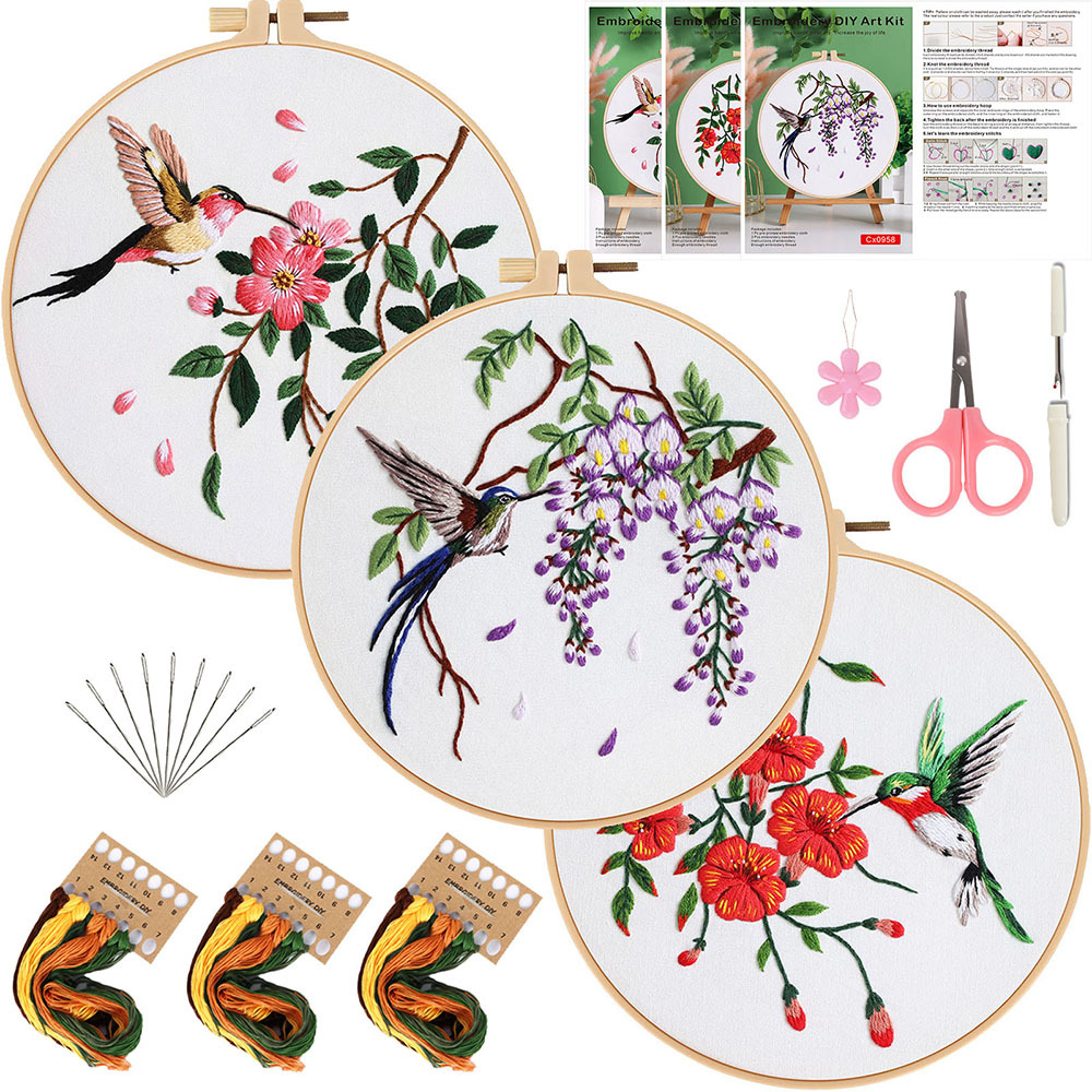 Diy paquete de material bordado a mano colibrí flor pájaro pájaro bordado de tela original nuevo transfronterizo inglés
