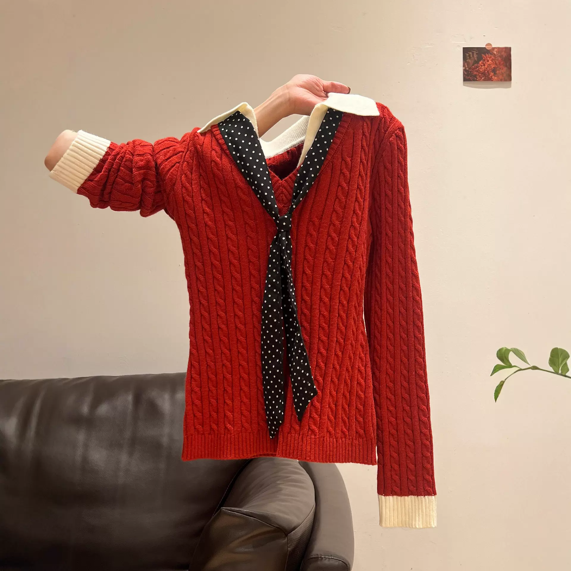 圣诞红色麻花POLO领针织衫毛衣女秋冬假两件绑带打底长袖内搭上衣