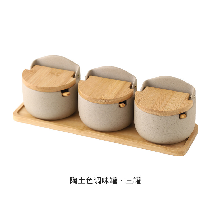 Tarro de condimento de tapa de madera de bambú de cerámica japonesa, caja de condimento, tanque de almacenamiento de condimento de cocina, juego de tarro de azúcar de sal para el hogar de restaurante