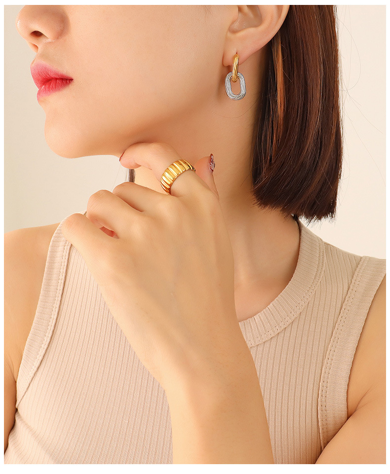 vintage geometric ring buckle oval shaped double layer titanium steel earrings