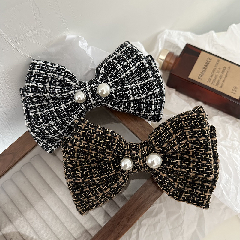Französisches Karomuster, große Perle, Schleife, schwarz-weiß, Kopfbedeckung, Haarnadel, elegantes Hinterkopf-Frühlingsoberteil, kariertes Herbst- und Winterhaar_voghion.com