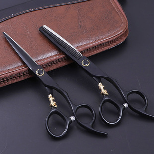 6inch Black Painted Gold Tiger Fortune Hairdressing Scissors Flat Teeth Scissors Barber's Special Hair Thinning and Styling Scissors