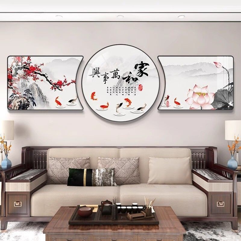 New Chinese Style Living Room Decorative Painting Modern Simple Sofa Background Wall Triple Hanging Painting Round Mural Landscape Crystal Porcelain Painting New Chinese Style Living Room Decorative Painting Modern Simple Sofa Background Wall Triple Hanging Painting Round Mural Landscape Crystal Porcelain Painting