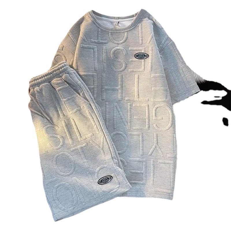 Waffle hombres de moda recortada pantalones de media manga de moda todo partido traje casual de moda simple verano temperamento ins