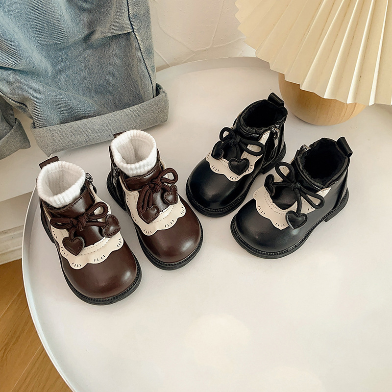 Women's Baby Two-Cotton Shoes fleece-lined Warm Walking Shoes Retro Sweet Little Girl Western Style Bow Stitching Martin Boots Women's Baby Two-Cotton Shoes fleece-lined Warm Walking Shoes Retro Sweet Little Girl Western Style Bow Stitching Martin Boots