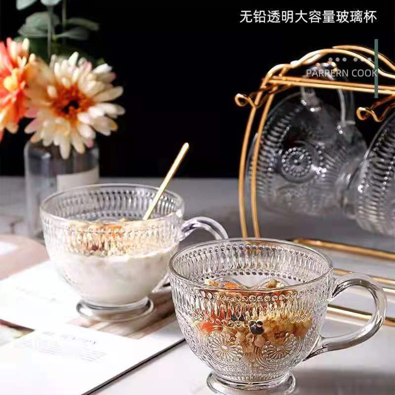 新品太阳花复古浮雕玻璃早餐杯子家用大容量带把手奶茶燕麦牛奶杯