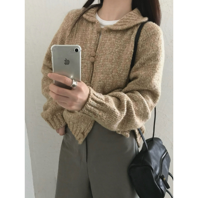 慵懒软糯翻领杂线双拉链毛衣外套女秋冬新款宽松针织开衫韩系上衣|undefined